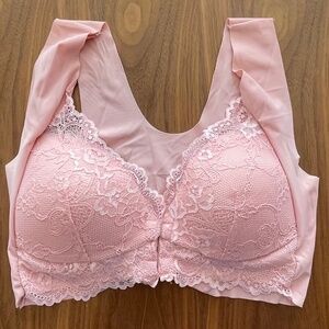 Front Closure -Full Back coverage-Wireless Lace Bra-Pink (L/XL)